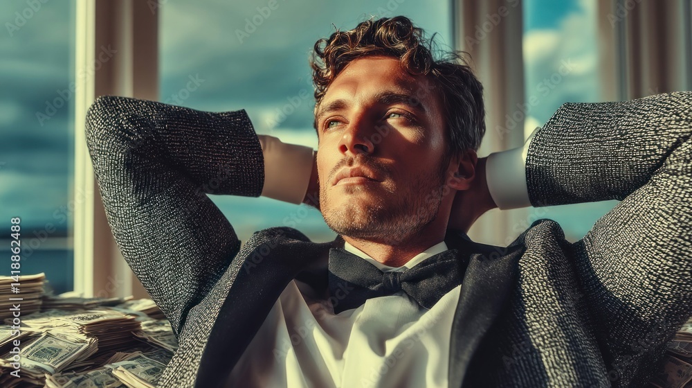 A successful man in a suit, relaxing with hands behind his head surrounded by money.