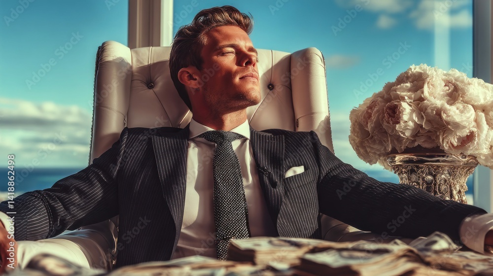 A successful businessman enjoys the fruits of his labor, bathed in sunlight within a modern office setting.