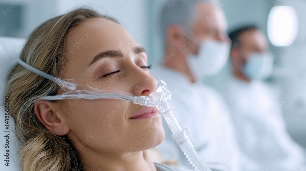 A patient receives oxygen through a nasal cannula in a hospital setting with doctors.
