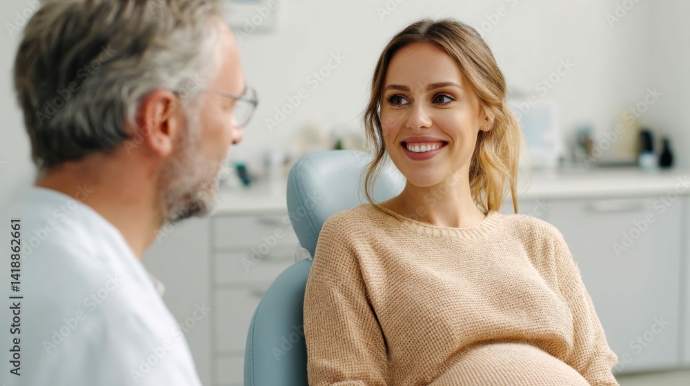 A pregnant woman with a radiant smile consults with her dentist in a bright office setting.