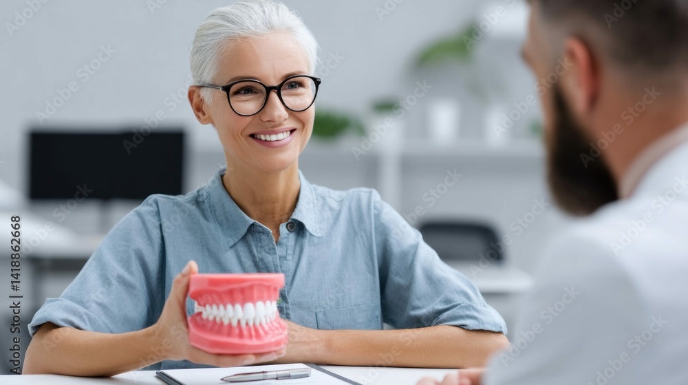 Happy woman holding a teeth model during her consultation with her dentist, smiling.