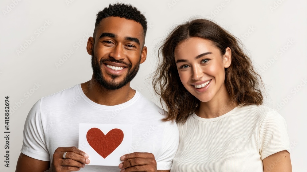 A smiling couple, holding a heart-shaped card, express love and joy in a warm embrace.