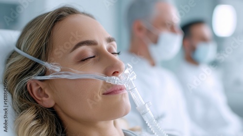 Obraz na płótnie A patient receives oxygen through a nasal cannula in a hospital setting with doctors. w salonie