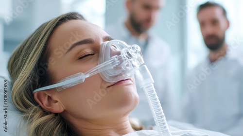 Obraz na płótnie Patient receiving oxygen in a medical facility, demonstrating care and medical assistance. w salonie