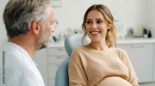 Obraz na płótnie A pregnant woman with a radiant smile consults with her dentist in a bright office setting. w salonie