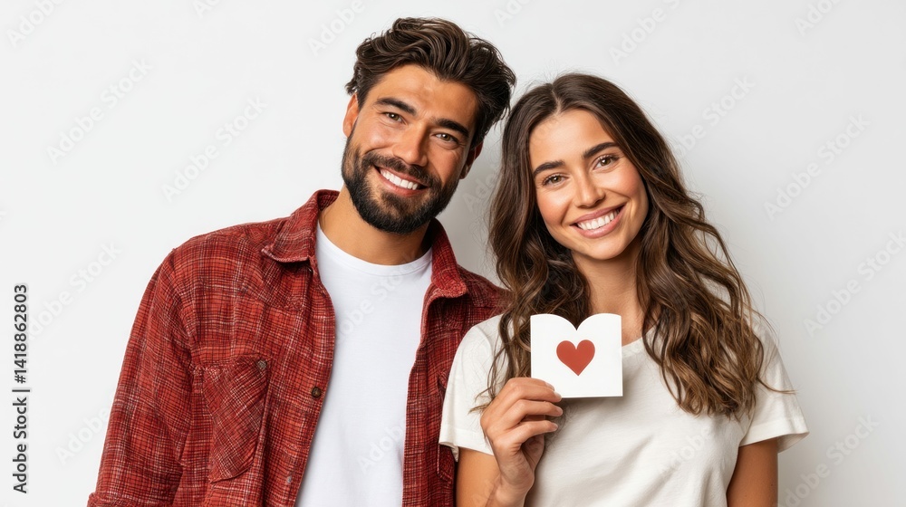 A smiling couple, sharing a heart-shaped card, embody love and connection against a clean white backdrop.