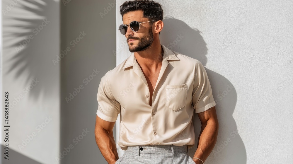 An attractive man in sunglasses, leaning against a wall in a stylish, casual outfit.