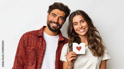 Obraz na płótnie A smiling couple, sharing a heart-shaped card, embody love and connection against a clean white backdrop. w salonie