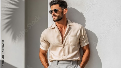 Obraz na płótnie An attractive man in sunglasses, leaning against a wall in a stylish, casual outfit. w salonie