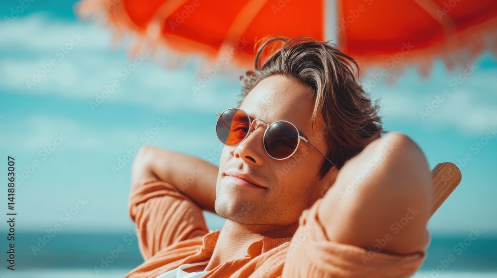 A relaxed man enjoying the sun while wearing sunglasses and leaning back on the beach.