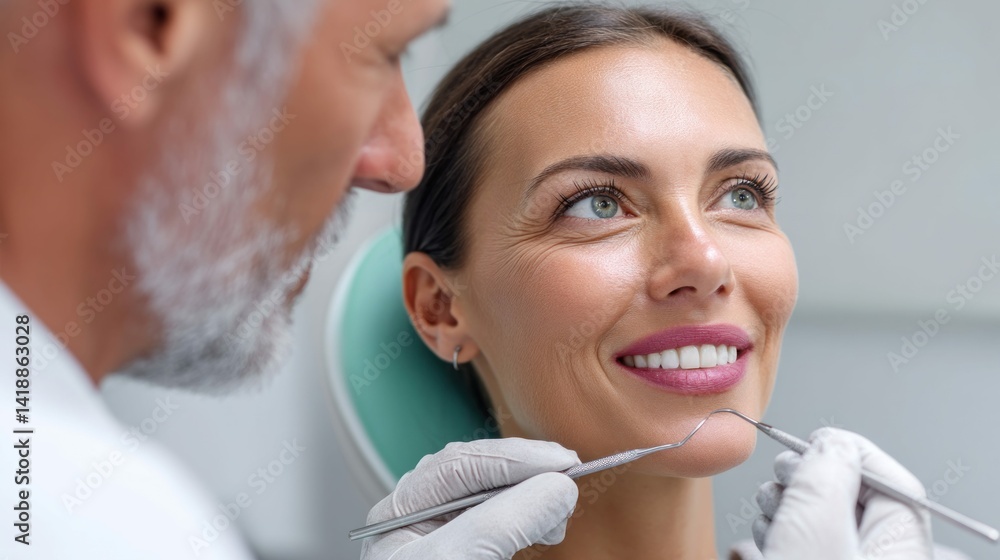 A dentist and patient are smiling during a dental checkup for oral health care.