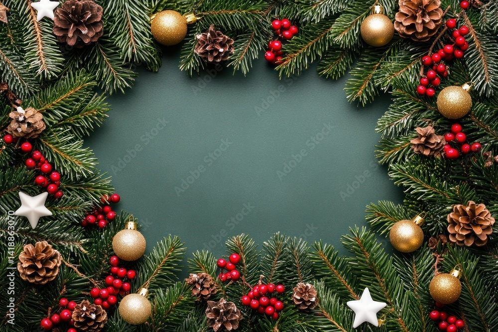 Christmas border with pine branches red berries gold ornaments white stars pinecones festive holiday frame Christmas border with pine branches red berries gold ornaments white stars pinecones festive holiday frame
