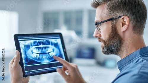 Obraz na płótnie A dentist examining a panoramic dental x-ray image on a tablet in a dental office. w salonie