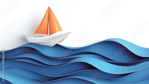 This image is a minimalist digital illustration of a small origami sailboat with orange sails and white hull floating on stylized, cascading blue waves. The waves are created with