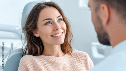 A beautiful woman smiles widely during a dental check-up with a professional dentist.