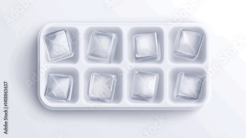 Close-up of a white rectangular ice cube tray containing nine translucent ice cubes. Each ice cube is slightly irregular in shape due to.