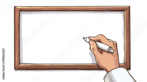 A digitally rendered close-up illustration depicts a rectangular whiteboard with a light brown wooden frame. The surface of the whiteboard is completely blank, allowing for ample negative space.