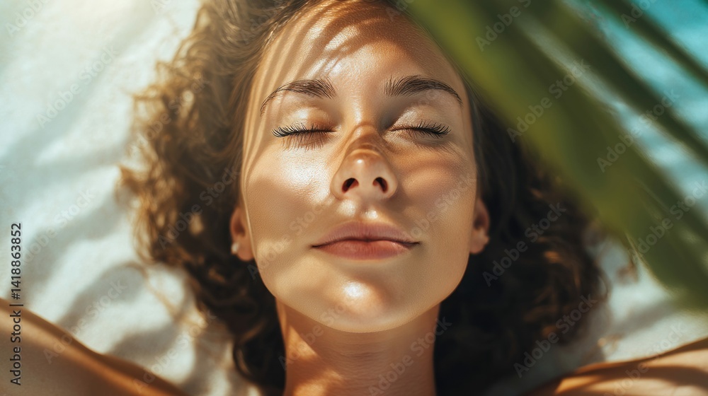 A woman's face with closed eyes enjoys the warmth of the sun, shaded by a palm leaf.
