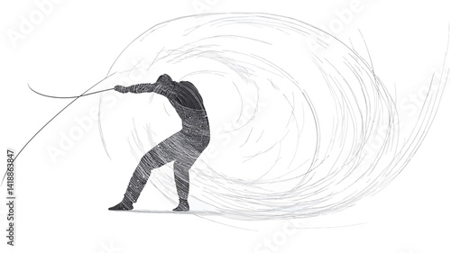 The image features a stylized greyscale silhouette of a muscular man who appears to be struggling against a large vortex. The man��s pose is dynamic, suggesting effort and strain.