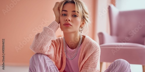 A lovely woman with fair skin wearing a pink cardigan and jewelry, looking at the viewer.