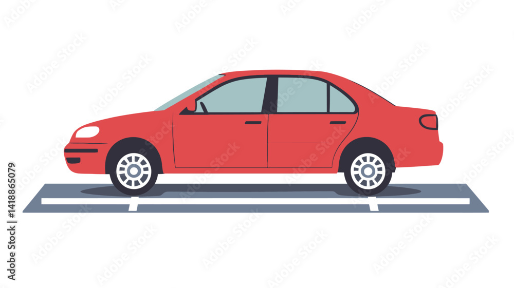 The image shows a digital rendering of a red four-door sedan in the middle of a grey scale, with the car featuring a minimalist flat design. The image shows a digital rendering of a red four-door sedan in the middle of a grey scale, with the car featuring a minimalist flat design.