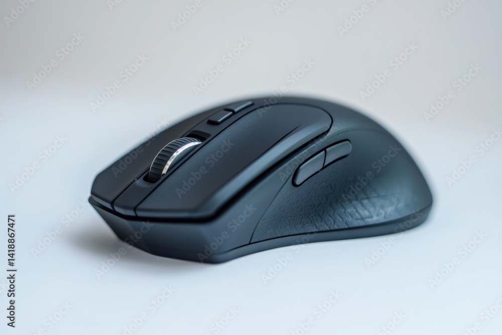 A sleek, black computer mouse with textured sides, featuring a scroll wheel and extra buttons. A sleek, black computer mouse with textured sides, featuring a scroll wheel and extra buttons.