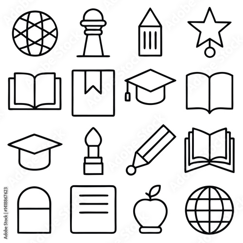 Collection of Simple Black Line Icons for Education and Global Concepts