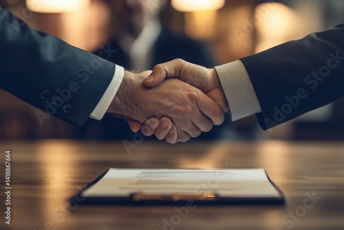 Businessmen shaking hands over signed contract, symbolizing a successful deal or partnership.