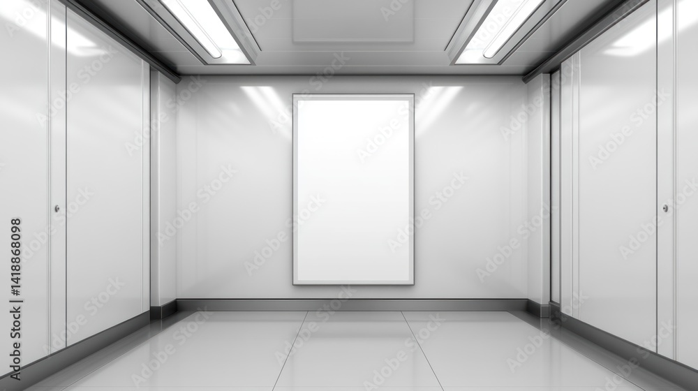 Empty advertising billboard in a modern white elevator hallway. Empty advertising billboard in a modern white elevator hallway.