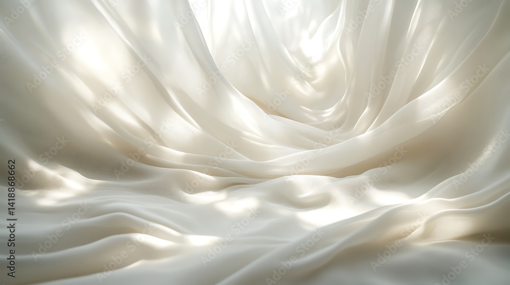 Fototapeta premium Soft Flowing White Fabric with Gentle Folds, Soft, flowing white fabric with gentle folds and natural light