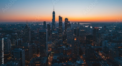 City Skyline at Sunset with Illuminated Buildings