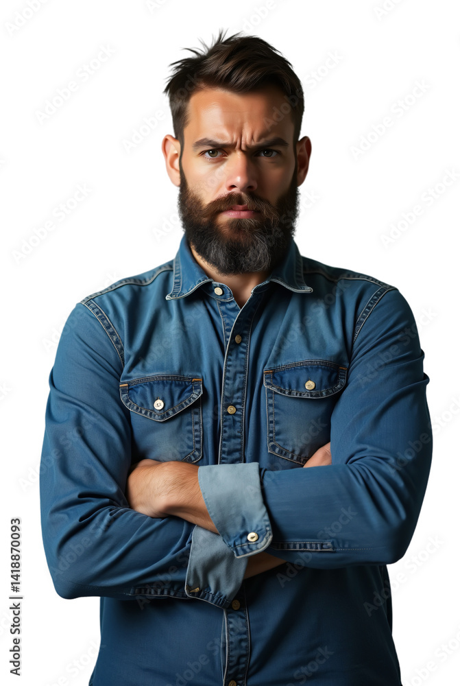 A waist-up portrait of a young man with a full beard and styled dark hair, looking directly at the camera with an intense and stern expression. A waist-up portrait of a young man with a full beard and styled dark hair, looking directly at the camera with an intense and stern expression.