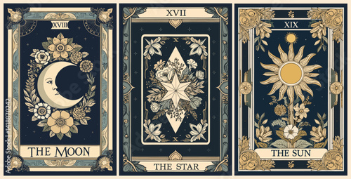 Mystical tarot card The sun, The Star, The moon. Celestial poster design. Boho vector illustration. Esoteric decorative element. Witchcraft, occult, spiritual design in Art Deco style