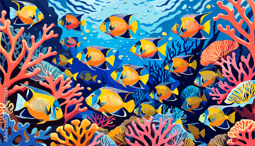 Underwater vector background, banner. Life at sea or ocean bottom. Exotic undersea world with coral reef, colorful fish, cute underwater creatures. Marine landscape, seascape