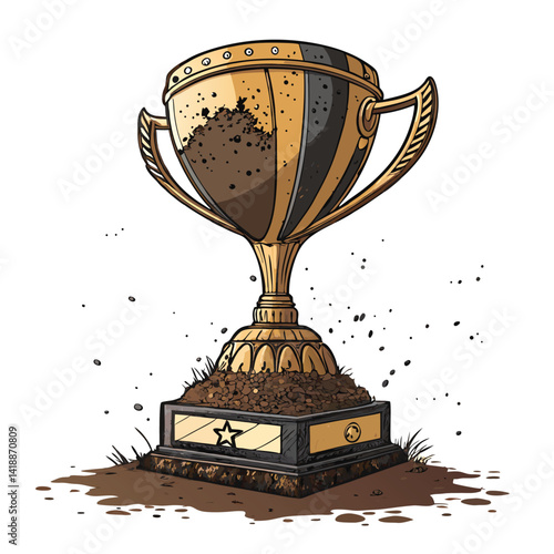 A mud-caked championship trophy, signifying a hard-fought victory in a rugged off-road competition.  Show the texture of the mud and the gleam of the trophy beneath.
