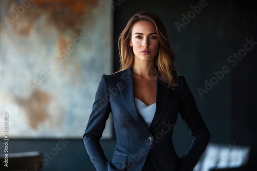 Confident businesswoman in a dark blue suit, posing with hands in pockets against a blurred background. Free Download Confident businesswoman in a dark blue suit, posing with hands in pockets against a blurred background. - GFXLoad