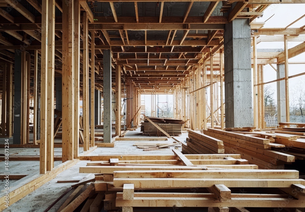 Fototapeta premium Building structures with roofing and scaffolding in the housing industry.