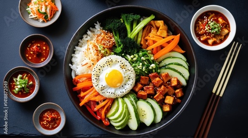Wallpaper Mural Bowl of colorful Korean bibimbap with fried egg, tofu, avocado, carrots, and various vegetables, served with kimchi and sauce on a wooden table Torontodigital.ca