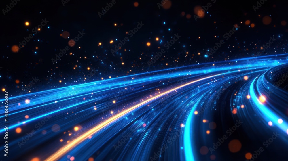 Obraz premium Abstract futuristic blue neon light trails with dynamic energy flow on dark cyber background