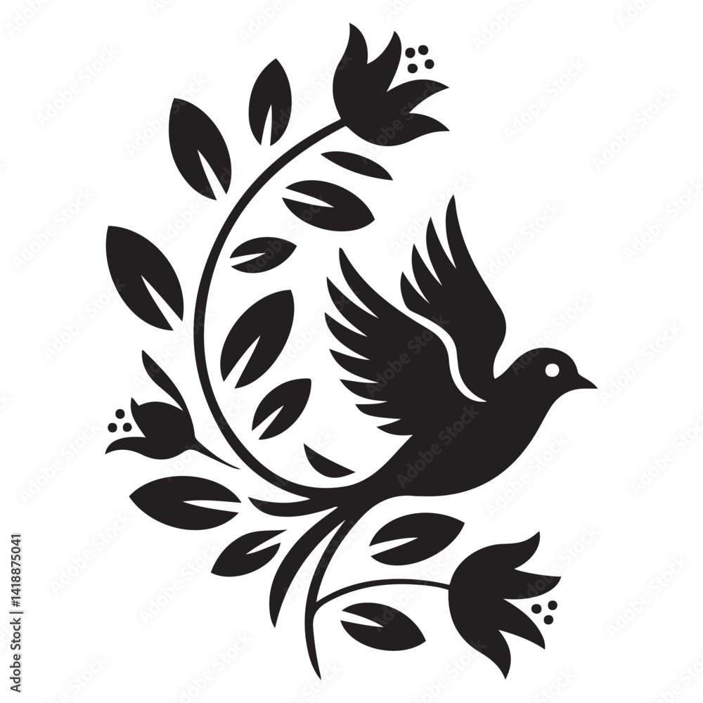 Obraz premium Elegant Vector Black silhouettes Bird and Floral Design. with white background