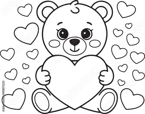 Cartoon bear holds a heart. Surrounded by hearts, the black and white drawing could be used as a coloring page.