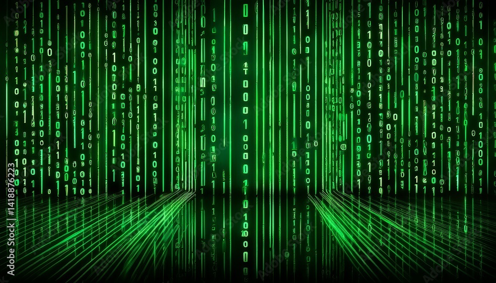 Binary code, colored numbers on black background