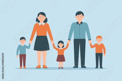 Cartoon Family Portrait: Parents Holding Hands with Two Sons and Daughter