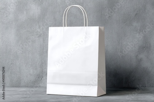 Blank white paper shopping bag on gray concrete