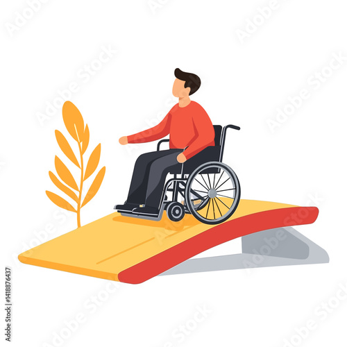 Man In Wheelchair On Ramp Accessibility Concept Orange And Yellow Background