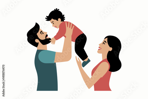 Happy family portrait: Father raising child with mother looking on. Joyful parenthood