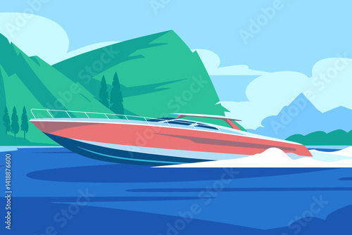 Modern Motorboat Cruising: Sleek Powerboat on the Water with Mountain Backdrop