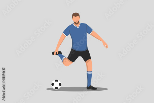 Soccer Player Kicking Ball. Footballer in Blue Jersey Training for a Match