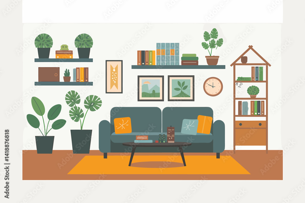 Cozy Living Room Interior with Sofa, Shelves and Plants in Flat Vector Style Cozy Living Room Interior with Sofa, Shelves and Plants in Flat Vector Style