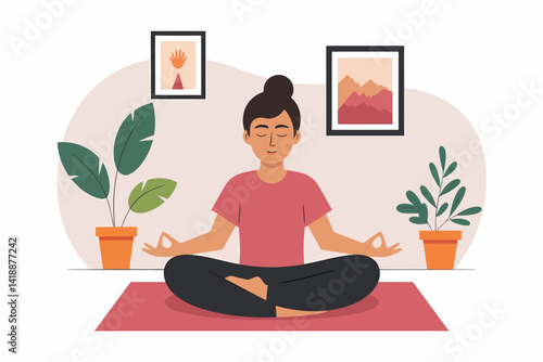 Woman meditating at home in lotus position for relaxation and wellness